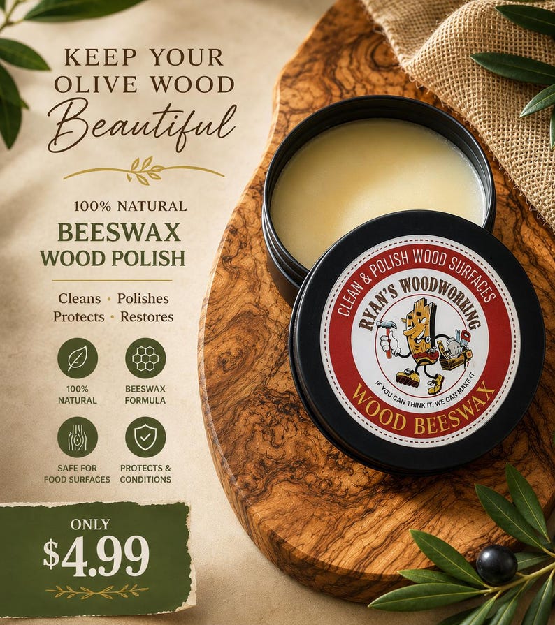 K&ouml;nnte beinhalten: Eine runde schwarze Dose mit 100% nat&uuml;rlicher Bienenwachs-Holzpolitur von Ryan's Woodworking mit cremefarbenem Wachs im Inneren. Das Etikett zeigt eine Zeichentrickfigur und den Text Clean & Polish Wood Surfaces und Wood Beeswax.