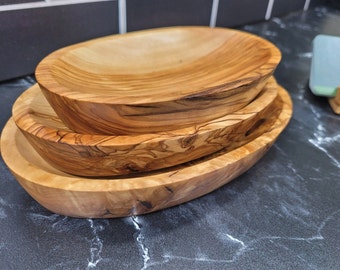 Set of Three Olive Wood Serving Trays| Handmade Olive a Wood Bowls| Rustic Wooden Bowl Set| Fruit, Snacks, Candies| Housewarming Gifts|