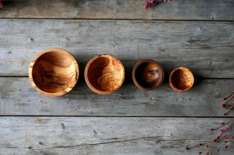 Set mit 4 natürlichen Olivenholzschalen | Holzschalen-Sets | Saucenschalen | Snackschalen| Handgemachte Holzschalen | Holz Gewürzschalen | Lebensmittelsichere Holzschale Bild 2