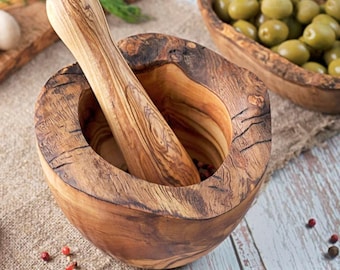 Rustic mortar Olive Wood Mortar and Pestle Set| Wooden Herb Grinder for Spices & Guacamole| Mortar Pestle Set| Farmhouse Kitchen Decor