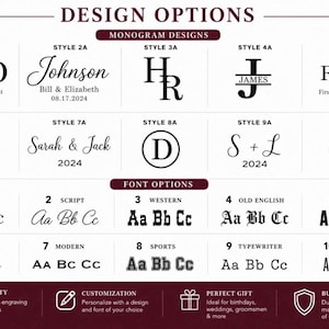 K&ouml;nnte beinhalten: Eine &Uuml;bersicht mit zehn Monogramm-Designoptionen und zehn Schriftarten in schwarzem Text auf wei&szlig;em Hintergrund. Der Monogrammbereich enth&auml;lt Initialen, Namen, Daten und einen Platzhalter f&uuml;r Logos. Die Schriftarten zeigen verschiedene Stile.