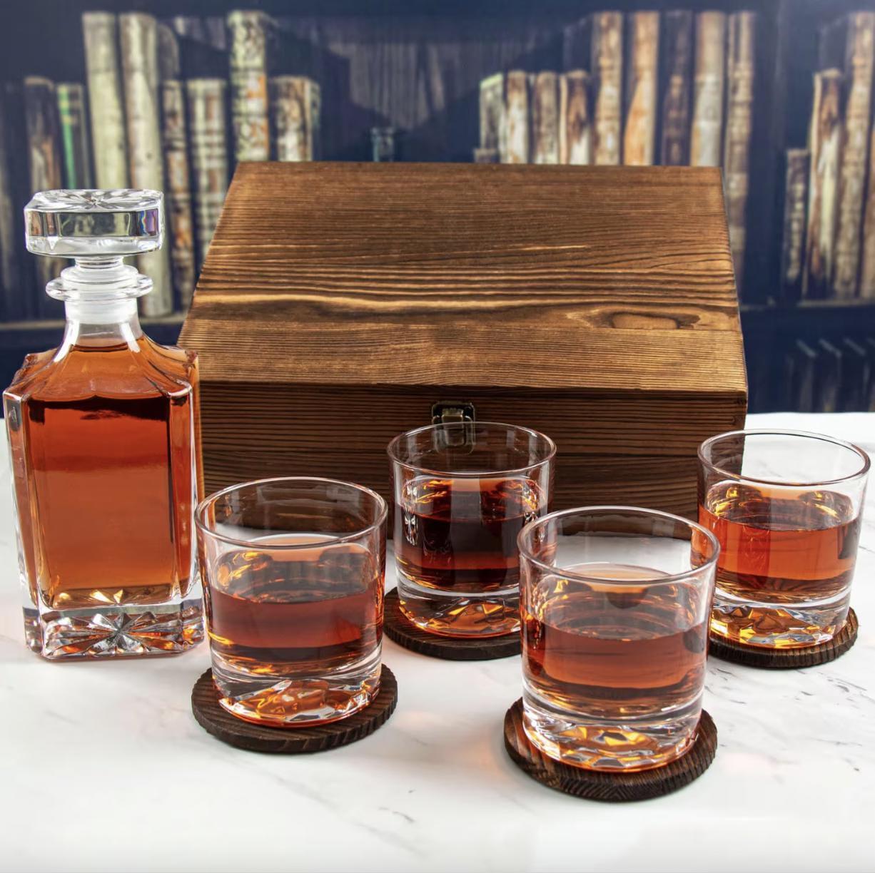 Pine Box Whiskey Glass & Decanter Sets | Personalized Barware Gift | Custom Engraved Whiskey Set for Him | Groomsmen or Wedding Gift