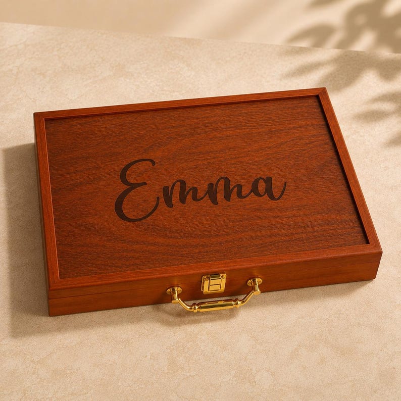 K&ouml;nnte beinhalten: Eine rechteckige Aufbewahrungsbox aus Holz mit dunkelbrauner Holzmaserung. Auf dem Deckel ist der Name Emma in Schreibschrift eingraviert. Die Box verf&uuml;gt &uuml;ber einen goldfarbenen Metallverschluss und einen passenden goldfarbenen Metallgriff.