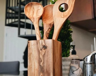 Löffel-Set aus Olivenholz mit Halter | Handgemachte Holz Löffel Halter | Rustikaler Küchen Utensilien Organizer | Einweihungsparty Geschenkidee