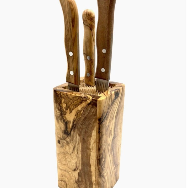 Olive Wood Knife Block| Universal Storage for Paring, Food Prep, and Steak Knives|Handmade with Genuine Olive Wood| Knife Organizer| Gifts