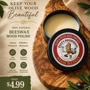 May include: A round black tin of Ryan's Woodworking 100% natural beeswax wood polish with a cream-colored wax interior. The label features a cartoon character and text including Clean & Polish Wood Surfaces and Wood Beeswax.