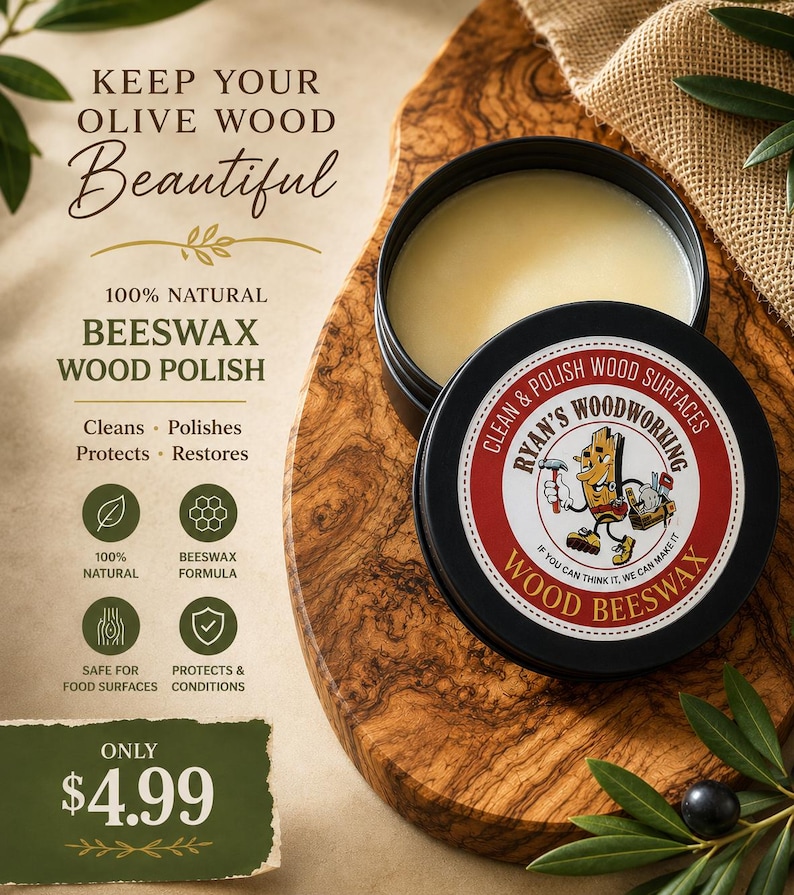 May include: A round black tin of Ryan's Woodworking 100% natural beeswax wood polish with a cream-colored wax interior. The label features a cartoon character and text including Clean & Polish Wood Surfaces and Wood Beeswax.