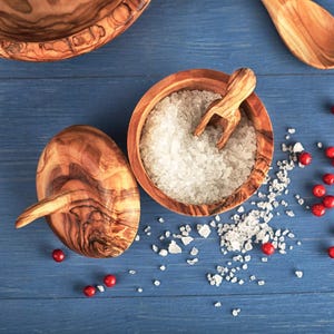 Salt Cellar with Lid and Spoon handmade from Olive Wood| Salt box with lid| Salt PigSalt jar with lid/handle with salt