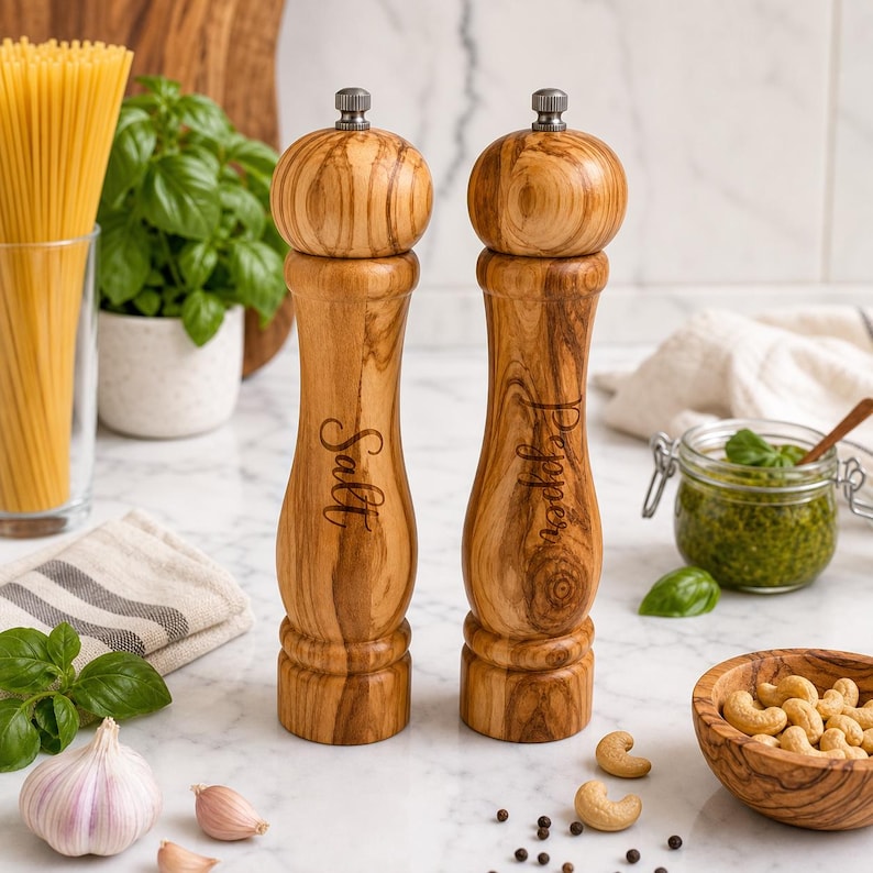 May include: Two tall, hourglass-shaped salt and pepper grinders crafted from light brown wood with a distinct grain pattern. Each grinder features a metallic knob on top and the words Salt and Pepper engraved in a cursive script on the front.
