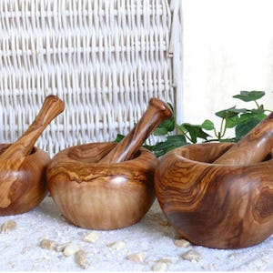Mortero rústico de madera de olivo, juego de mortero y maja de 14 cm, molinillo de hierbas de madera para especias y guacamole, juego de mortero y maja, decoración de cocina de estilo rústico