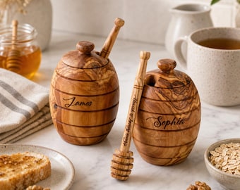 Tarro de miel de madera de olivo con cucharón/ Recipiente para miel/ Madera de olivo, madera rústica, madera natural, tarro de miel/ Cucharón para miel/ Regalos rústicos de cocina