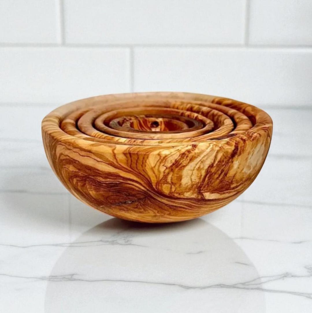 Olive Wood Nesting Bowl Set of 6 | Handmade Wooden Bowls | Rustic Kitchen Decor | Modern Farmhouse Style | Housewarming or Chef Gift