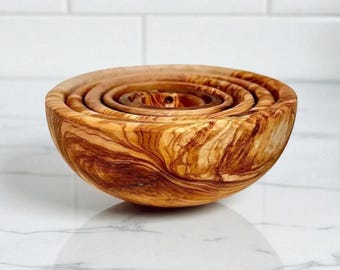 Olive Wood Nesting Bowl Set of 6 | Handmade Wooden Bowls | Rustic Kitchen Decor | Modern Farmhouse Style | Housewarming or Chef Gift