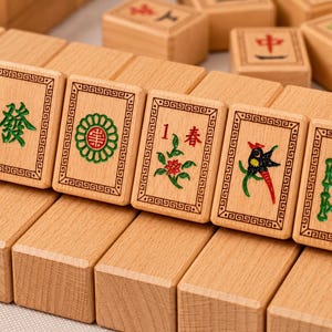 K&ouml;nnte beinhalten: Ein Set aus rechteckigen, hellen Mahjong-Spielsteinen aus Holz, die in Reihen angeordnet sind. Die nach vorne gerichteten Steine zeigen gravierte und bemalte Motive, darunter ein gr&uuml;nes chinesisches Schriftzeichen, eine gr&uuml;n-rote Blume, eine rote Eins mit Blume und einen Vogel.