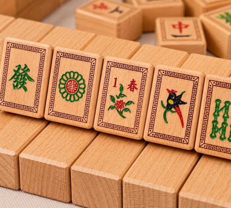 K&ouml;nnte beinhalten: Ein Set aus rechteckigen, hellen Mahjong-Spielsteinen aus Holz, die in Reihen angeordnet sind. Die nach vorne gerichteten Steine zeigen gravierte und bemalte Motive, darunter ein gr&uuml;nes chinesisches Schriftzeichen, eine gr&uuml;n-rote Blume, eine rote Eins mit Blume und einen Vogel.