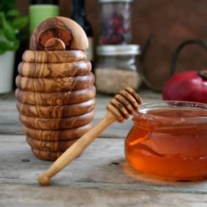 Olive Wood Honey Pot with Dipper| Honey Container| OliveWood, Rustic Wood, Natural Wood, Honey Jar| Honey Dipper| Rustic Kitchen Gifts|