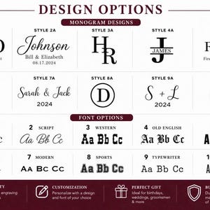 May include: A chart displaying ten monogram design options and ten font styles in black text on a white background. The monogram section includes initials, names, dates, and a logo placeholder. The font section shows alphabets in various styles.