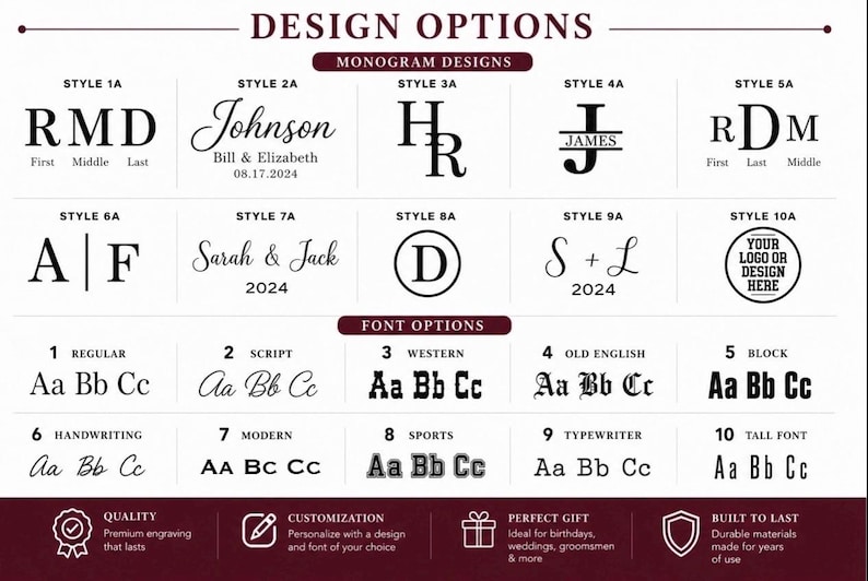 May include: A chart displaying ten monogram design options and ten font styles in black text on a white background. The monogram section includes initials, names, dates, and a logo placeholder. The font section shows alphabets in various styles.