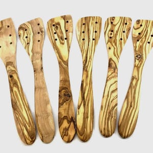 Olive Wood Spatulas with Holes | Handmade Slotted Cooking Utensils | Rustic Kitchen Tools | Natural Olive Wood Gift for Chefs