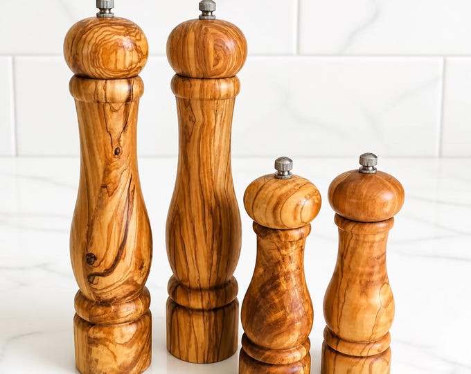Large Olive Wood Salt & Pepper Mills Set | Handcrafted Grinder Set | Rustic Kitchen Decor | Adjustable Ceramic Mechanism | Gift for Chefs