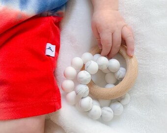 Wood Baby Rattle: Sensory Toy with Silicone Beads