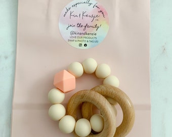 Handmade Beech Wood Baby Rattle: Beige & Peach Silicone Beads