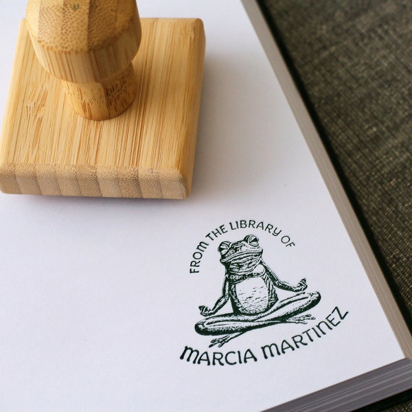 Custom Book Stamp Meditating Frog - Lotus Pose Yoga Frog Rubber Stamp - Book Lover Gift - Wood Stamp with Handle - Library of - Ex Libris