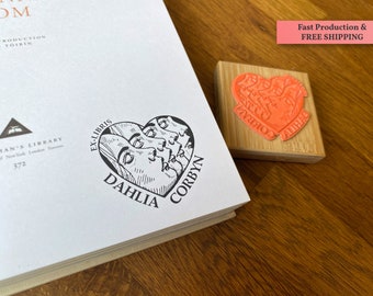 EX LIBRIS Custom Book Rubber Stamp - Book Lover Gift - Personalized Library Name Stamp - Faces in Heart Wood Mounted Stamper - Bookish Gift