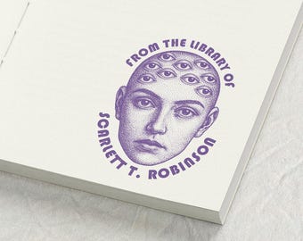 Custom Surreal Book Stamp, Multi-Eyed Woman Dotwork | Dark Academia Ex Libris Bookplate