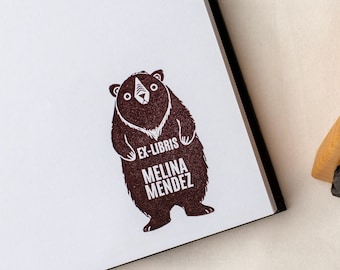 Custom Book Stamp, Standing Grizzly Bear | Personalized Library Bookplate