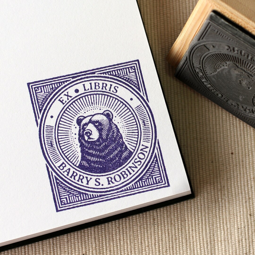 Custom Art Deco Bear Ex Libris Book Stamp, Personalize Ex Libri Library ...