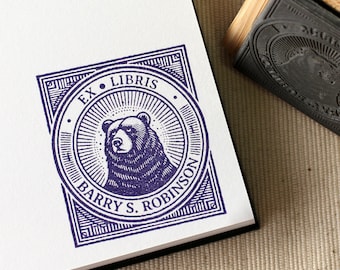 Custom Art Deco Bear Ex Libris Book Stamp, Personalize Ex Libri Library Stamp, Book Lover Gift Idea, Dark Academia Stamps, Book Accessories