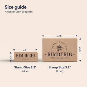 Custom logo stamp size guide showing 2.2 inch and 3.2 inch stamp impressions on small kraft artisan soap boxes for handmade soap and natural beauty product packaging