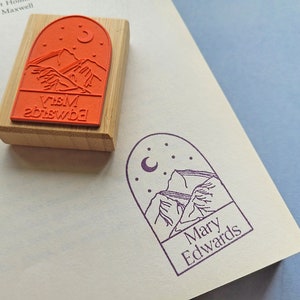 Custom Ex Libris Book Stamp, Esoteric Moon Stars Mountains, Personalized Library Rubber Stamper, Book Lover Bibliophile Gift for Him or Her