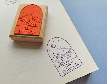 Custom Ex Libris Book Stamp, Esoteric Moon Stars Mountains, Personalized Library Rubber Stamper, Book Lover Bibliophile Gift for Him or Her