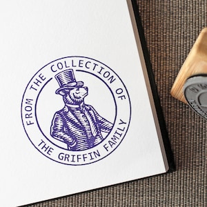 Custom Book Stamp - Ex Libris - Dapper Bear in Top Hat - Book Lover Gift - From The Library Of Stamp - Family Collection Rubber Stamp