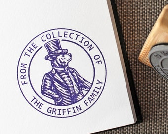 Custom Book Stamp - Ex Libris - Dapper Bear in Top Hat - Book Lover Gift - From The Library Of Stamp - Family Collection Rubber Stamp