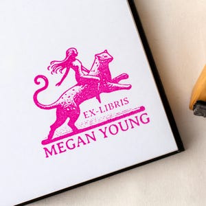 Custom Book Stamp, Woman Riding Leopard Engraving | Personalized Library Bookplate