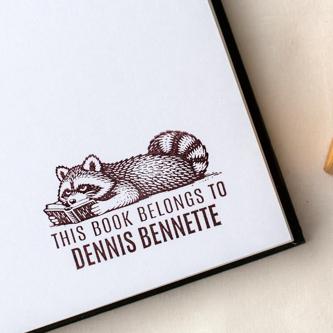 Custom Library Book Stamp - Raccoon Reading a Book - Book Lover Gift ...