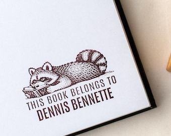 Custom Library Book Stamp - Raccoon Reading a Book - Book Lover Gift Idea, Bookworm Gift, Unique Handmade Gift, Personalized Birthday Gift