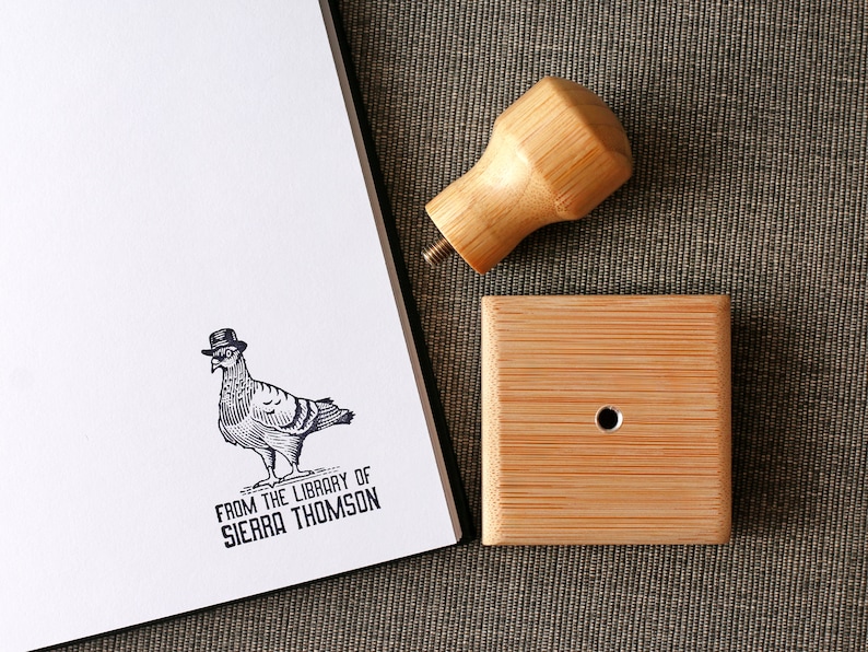 Custom Ex Libris Book Stamp, Pigeon With Hat, Personalized From the Library of Rubber Stamp, Book Lover Gift, Human Animals Illustration image 5