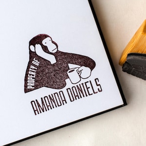 Custom Monkey Drinking Coffee Book Stamp - Personalized Ex Libris Rubber Stamp