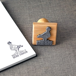 Custom Ex Libris Book Stamp, Pigeon With Hat, Personalized From the Library of Rubber Stamp, Book Lover Gift, Human Animals Illustration image 6