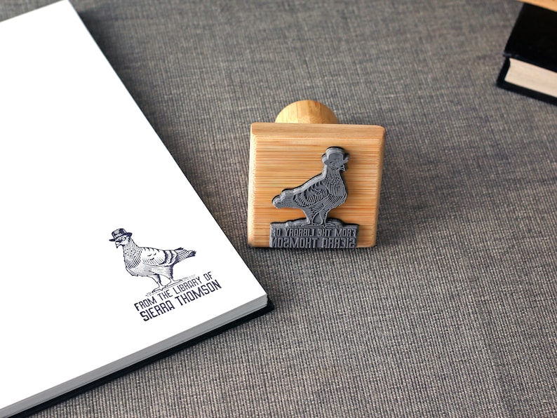 Custom Ex Libris Book Stamp, Pigeon With Hat, Personalized From the Library of Rubber Stamp, Book Lover Gift, Human Animals Illustration image 6