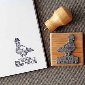 Custom Ex Libris Book Stamp, Pigeon With Hat, Personalized From the Library of Rubber Stamp, Book Lover Gift, Human Animals Illustration image 4