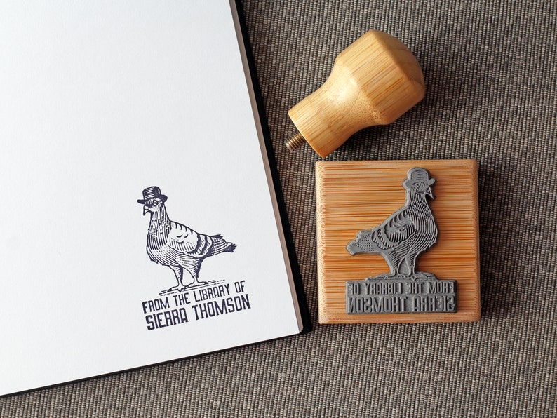 Custom Ex Libris Book Stamp, Pigeon With Hat, Personalized From the Library of Rubber Stamp, Book Lover Gift, Human Animals Illustration image 4