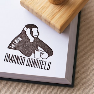 Custom Monkey Drinking Coffee Book Stamp - Personalized Ex Libris Rubber Stamp - Book Lover Gift - Coffee Addict - Wood Stamp with Handle