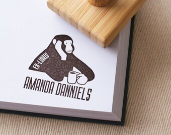 Custom Monkey Drinking Coffee Book Stamp - Personalized Ex Libris Rubber Stamp - Book Lover Gift - Coffee Addict - Wood Stamp with Handle