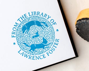 Custom Book Stamp, Foxes Chasing Rabbit Library Stamp, Ex Libris Book Lover Gift, Woodland Stamp, Folk Art Bookplate, Personalized Gift Idea