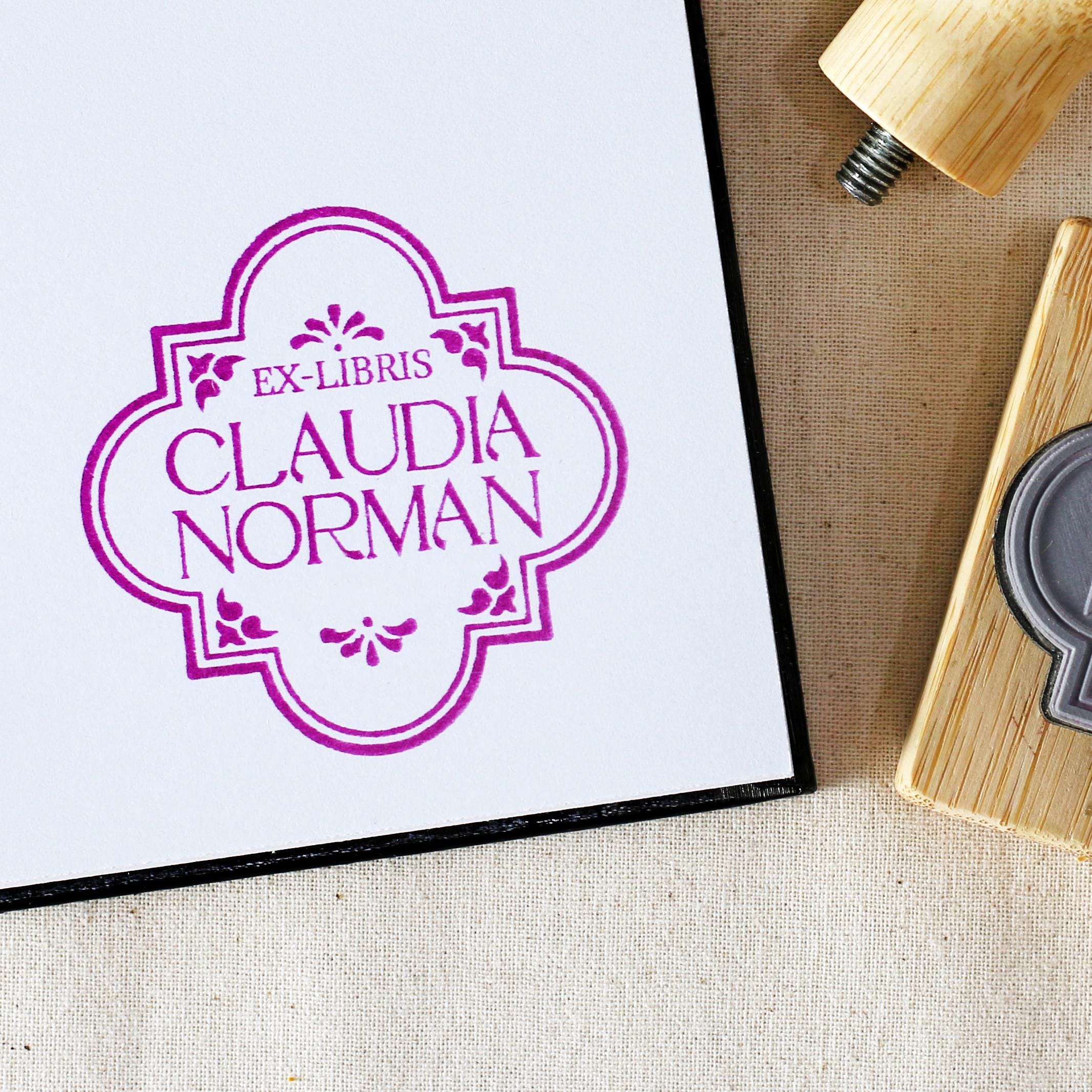Custom Ex Libris Book Stamp, Four Leaf Pattern, Personalized Library Rubber Stamper, Book Lover Bibliophile Gift for Him or Her